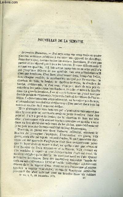 LES MONDES (COSMOS) N 16 - Le brasro Mousseron, Rsistance des navires a coques jumelles, Canon anglais de 100 tonnes, Socit pour l'tude de la participation aux bnfices, La manire active du malt ou maltine et diastase par M. Dubrunfaut