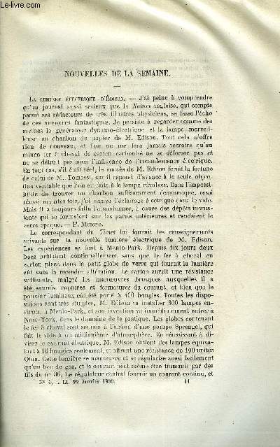 LES MONDES (COSMOS) N 4 - La lumire lectrique d'Edison, Nouvel appareil pour chauffer les voitures, Traitement de la scarlatine, Saint Vincent de Paul et sa mission sociale, Nouveau trait de chimie industrielle, Observatoire de l'Etna, Exprience