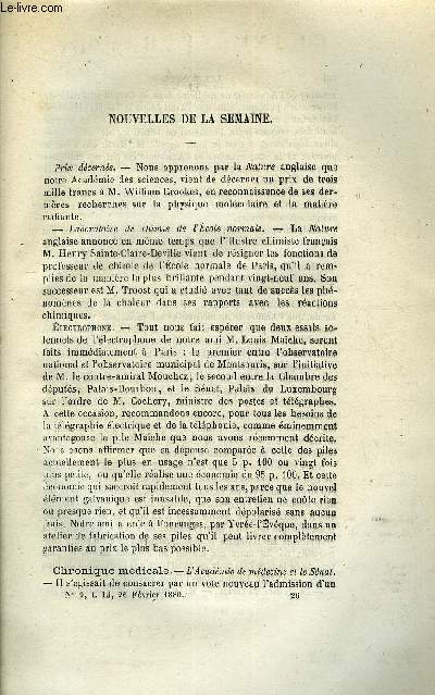 LES MONDES (COSMOS) N 9 - Laboratoire de chimie de l'cole normale, L'acadmie de mdecine et le Snat, Recherche physiologique de l'oxyde de carbone dans les produits de la combustion du gaz d'clairage, Chauffage et clairage au gaz, Procds modernes