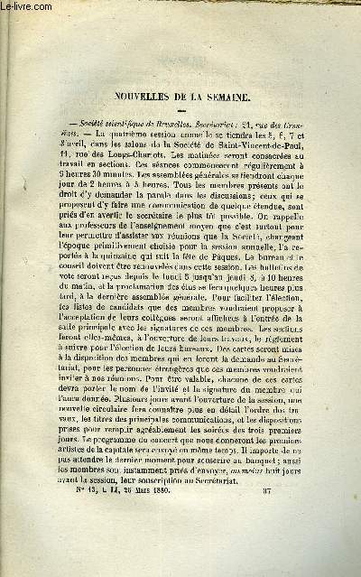 LES MONDES (COSMOS) N 13 - Socit scientifique de Bruxelles, Rencontre des deux galeries d'avancement du grand tunnel de Saint-Gothard, Le tabac dans l'arme par le Docteur Goyard, Mgascope et lanterne magique