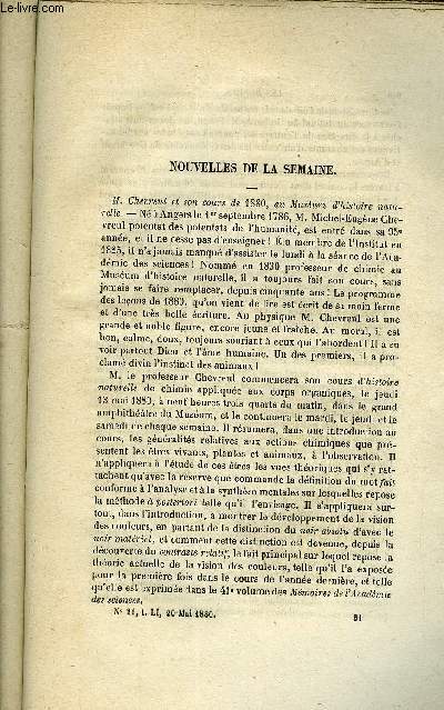 LES MONDES (COSMOS) N 21 - M. Chevreul et son cours de 1880, au Museum d'histoire naturelle, Conseil suprieur de l'instruction publique, Maladies provenant de la ngligence du froid a la tete, Les puits instantans, Traitement de la surdit