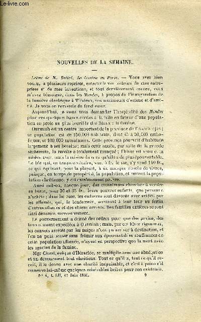 LES MONDES (COSMOS) N 4 - Lettre de M. Boital - La famine en Perse, Intelligence des animaux, Role de la trompe d'Eustache dans la physiologie de l'audition, Le bromure de potassium, Diamtre des satellites des plantes et de quelques astroides