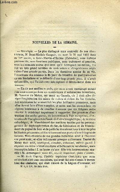 LES MONDES (COSMOS) N 5 - Bains d'amidon si efficaces dans le traitement de l'eczema aigu et de beaucoup d'autres affections, Un acte de vertu hroique, L'unification de l'heure dans toute la France, La lumire lectrique au palais de l'Industrie