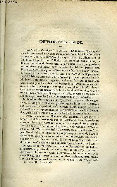 LES MONDES (COSMOS) N 14 - La lumire lectrique le 14 juillet, Rvolution dans l'industrie du beurre, Alcoomtre centsimal de Gay-Lussac, Effets physiologiques des inhalations d'oxygne, Le condenseur a surface de MM. Mignon et Rouart