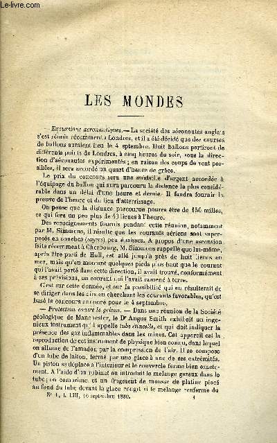 LES MONDES (COSMOS) N 1 - Excursions aronautiques, Protection contre le grisou, Les toiles filantes du mois d'Aout, L'homme de l'age de fer, Utilit du chloral dans la phtisie, Efficacit de l'eucalyptus contre le corysa, Note sur la reproduction