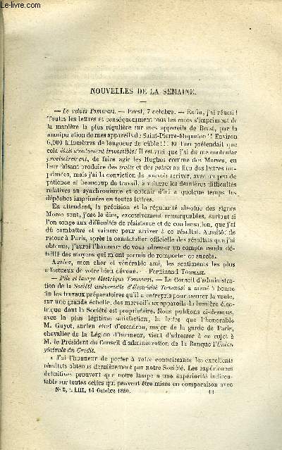 LES MONDES (COSMOS) N 5 - Le relais Tommasi, Pile et lampe lectrique Tommasi, Grand observatoire populaire, Sur la non-rcidive de l'affection charbonneuse, Influence des taches du soleil, Des conditions ncessaires a l'existence de la matire