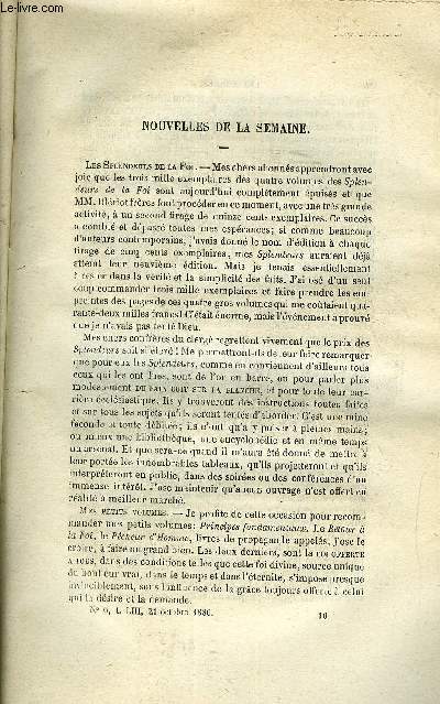 LES MONDES (COSMOS) N 6 - Les splendeurs de la foi, La conservation de l'nergie et l'volution des mouvements, Les radiomtres et la lumire phosphorescente, Hydrate de chloral dans la dyssenerie, Le mal de mer, Le sens de la lumire et le sens