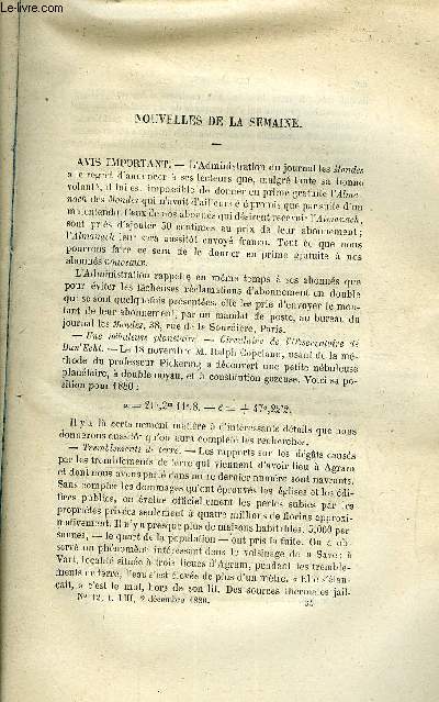 LES MONDES (COSMOS) N 12 - Une nbuleuse plante, Le matrialisme et le spiritualisme scientifiques ou les localisations crbrales, Etoile variable, Le collodion producteur de l'ectricit, Photographie a la lueur d'un clair