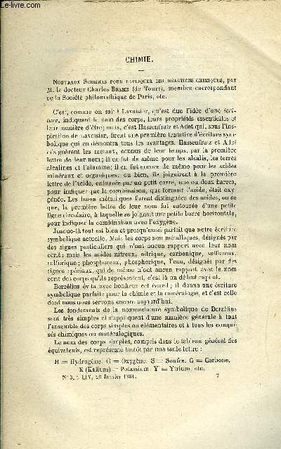 LES MONDES (COSMOS) N 3 - Nouveaux schmas pour expliquer les ractions chimiques par le docteur Charles Brame, Sur les conditions relatives a l'expression thorique de la vitesse de la lumire, Sur la transformation par directions rciproques