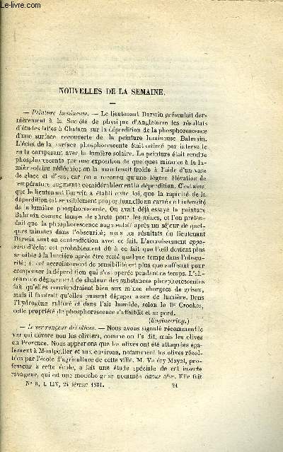 LES MONDES (COSMOS) N 8 - Peinture lumineuse, Le ver rongeur des olives, Mouvement des feuilles, Le varec ou manne de la mer, Des distances apparentes sur la voute cleste, Splendide aurore borale, Le photophone appliqu a l'tudes de l'aurore borale