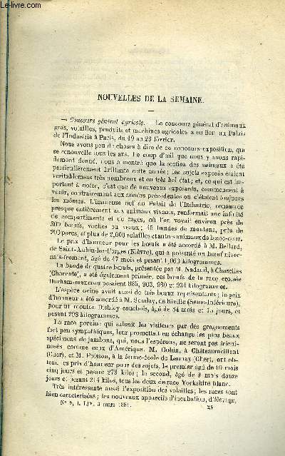 LES MONDES (COSMOS) N 9 - Concours gnral agricole, La trichine des lards d'Amrique, Les grands paquebots anglais, Solution du problme des restes, Les cyclones des tropiques, Transmission de la force par l'electricit, Cuirs gaufrs