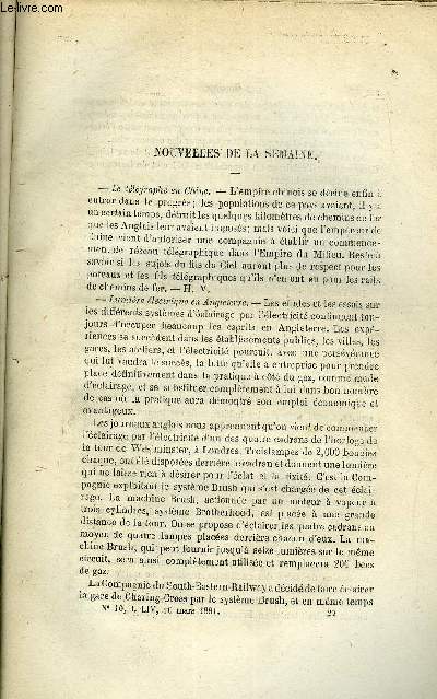 LES MONDES (COSMOS) N 10 - Le tlgraphe en Chine, Lumire lectrique en Angleterre, Les orages d'Ecosse et d'Islande, La lampe lectrique de M. Edison, Le disque-cie, Procds d'unification de l'heure de MM. G. Tresca et Redier