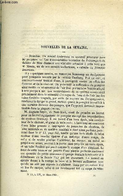 LES MONDES (COSMOS) N 13 - Incendies - Un nouvel quipement ou appareil protecteur pour les pompiers, Moyen de recueillir les diatomes, Anne scientifique et industrielle, Balance arothermique de M. Dalican, Rectification des alcools par le vide