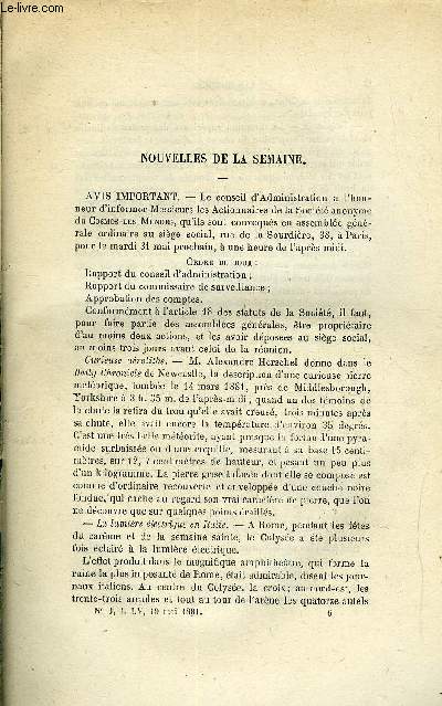 LES MONDES (COSMOS) N 3 - Curieuse arolithe, La lumire lectrique en Italie, Solution du problme chinois du reste, La neige, Les instruments de l'observatoire populaire du Trocadro, Montage des piles, Essais de lumire lectrique a Londres