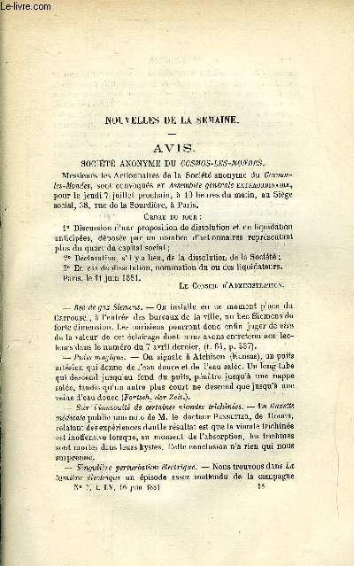 LES MONDES (COSMOS) N 7 - Avis, Coloration du bois blanc, Effets du tabac, Les haches a tete de la Bretagne et du Bocage, Cause de la variabilit des toiles du type d'Algol, Chronomtre solaire  temps moyen de Flchet, Tlgraphe sous-marin