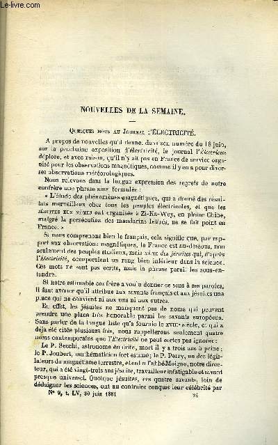 LES MONDES (COSMOS) N 9 - Quelques mort au journal l'lectricit, Une comte visible a l'oeil nu dans notre hmisphre, Retour d'un rayon lumineux sur lui-mme, Vapeur et lectricit, Bruits souterrains, leur tude par le microphone