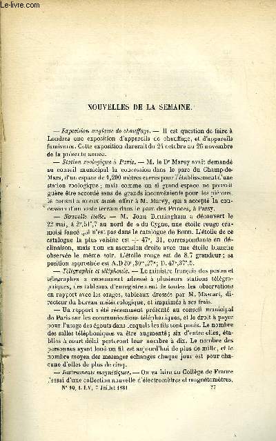 LES MONDES (COSMOS) N 10 - Exposition anglaise de chauffage, Station zoologique a Paris, Nouvelle toile, Tlgraphie et tlphonie, congrs achologique de France, Monument scientifique a lever au pre Angelo Secchi dans la ville de Reggio