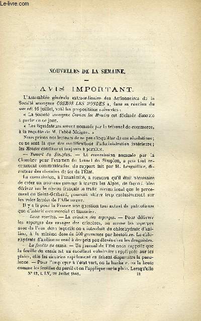 LES MONDES (COSMOS) N 12 - Enoncs et solutions dveloppes des problmes de son trait d'arithmtique, Premires recherches sur les accumulateurs d'lectricit, Photographie des couleurs par teinture de couches d'albumine coagule