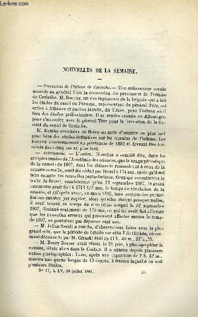 LES MONDES (COSMOS) N 13 - Percement de l'isthme de Corinthe, Astronomie, Eclairage des rues de paris, La grande pyramide - la parallaxe du soleil et le systme mtrique, A propos des comtes, Atmosphre de la lune, Lance lectrique d'allumage