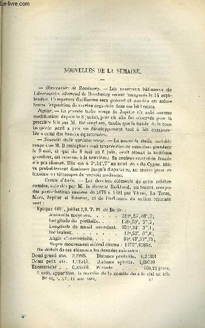 LES MONDES (COSMOS) N 15 - Observatoire de Hambourg, Nouvelle toile variable rouge, Exposition et congrs viticole, Tunnel du Saint-Gothard, Pouvoir calorifique du soleil, Calomel et sublim corrosif, Carnet de l'inventeur et du brevet