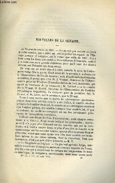 LES MONDES (COSMOS) N 17 - La grande comte de 1881, Le doryphora en Belgique, Exposition universelle de Hollande en 1883, Une pile a l'iode, La vitesse de locomotives autrefois et aujourd'hui, Traitement des rsidus d'argent en photographie