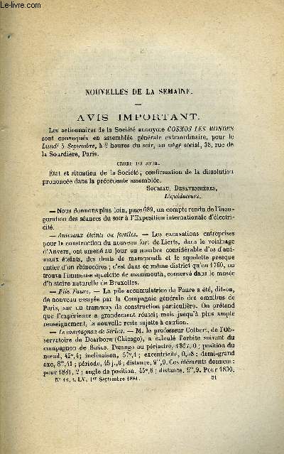 LES MONDES (COSMOS) N 18 - Avis important, Une exprience a faire l'ozone et l'exposition d'lectricit, Relvement d'un pont mtallique a la gare de l'Est a Paris, Courroies en coton pour transmission, Destruction des roches sous l'eau, Cosmogonie