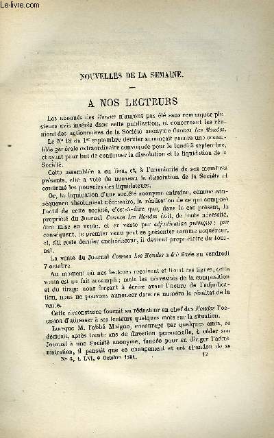 LES MONDES (COSMOS) N 5 - A nos lecteurs, Mission scientifique en Sude et Norvge, Futs qui ont mauvais gout, Les accidents de chemin de fer, Etude sur la Chine abrg de son histoire son tat prsent et son avenir, Le choix des mthodes