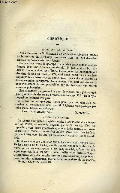 LES MONDES (COSMOS) N 11 - Note sur la viscose, Des diffrents moyens de filtrer les eaux, Emploi de l'lectricit comme agent purateur de la pate a porcelaire, Fabrication du maltose, Les doctrines chimiques actuelles