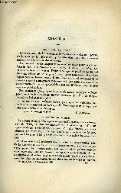 LES MONDES (COSMOS) N 11 - Note sur la viscose, Des diffrents moyens de filtrer les eaux, Emploi de l'lectricit comme agent purateur de la pate a porcelaire, Fabrication du maltose, Les doctrines chimiques actuelles