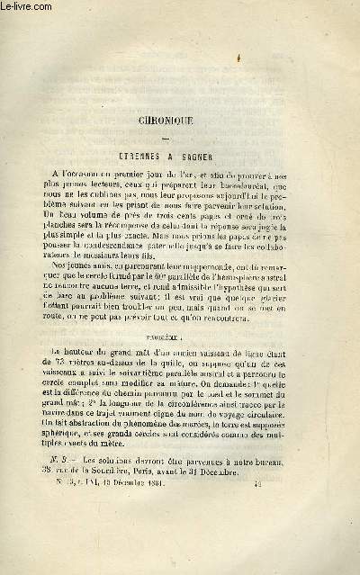 LES MONDES (COSMOS) N 15 - Etrennes a gagner, Deux statues nouvelels a riger dans le dpartement du Nord, La terre sainte - son histoire ses souvenirs ses sites ses monuments, La pile lectrique a l'exposition, Vrit absolue des livres saints