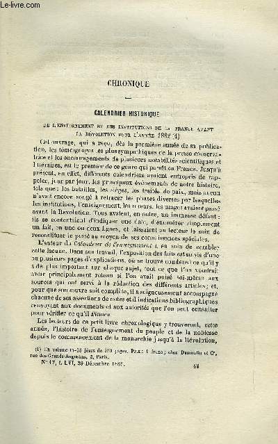 LES MONDES (COSMOS) N 17 - De l'enseignement et les institutions de la france avant la rvolution pour l'anne 1882, Maladie des crevisses, Epidmie de diphtrie a des manations putrides, La dernire ruption du Mauna-Loa,Hygine domestique et publique