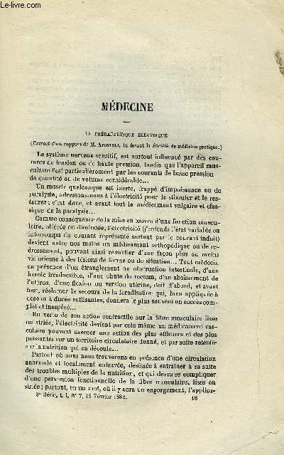 COSMOS - LES MONDES N 7 - La thrapeutique lectrique, Hygine publique - Discours de M. Mari-Davy, Le salicylage dans l'alimentation, Monument au R. P. Secchi, Un nouveau systme de locomotive a quatre roues motrices, Acadmie des Lincei Pontifichi