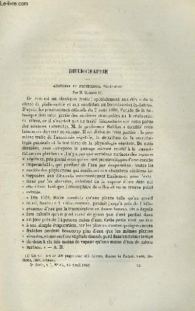 COSMOS - LES MONDES N 15 - Anatomie et physiologie vgtales, Les journaux du monde entier, Procd facile d'aimantation, Grandes dcouvertes archologiques, La lumire lectrique par la puissance de l'eau, Percement de l'isthme de Krau