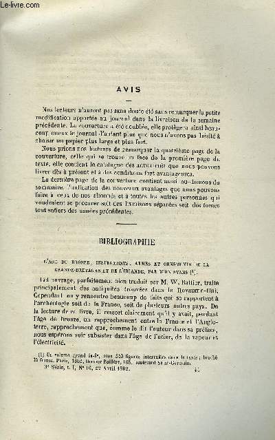 COSMOS - LES MONDES N 16 - L'age du bronze, instruments, armes et ornements de la grande-bretagne et de l'irlande, La pile et la dcomposition de l'eau, Dangers de l'acide fluorhydrique, Soire scientifique de la socit de physique