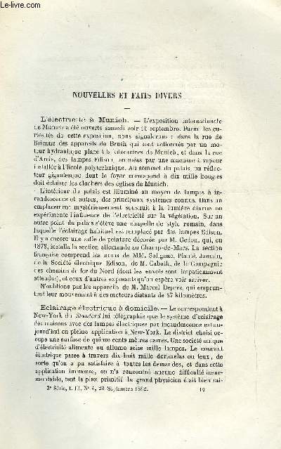 COSMOS - LES MONDES N 4 - L'lectricit a Munich, Eclairage lectrique a domicile, chemin de fer de grande ceinture de Paris, Cas singulier de sinistre maritime, Le cable de l'Amrique du Sud, Justice rendue, Les basques et le pays basque