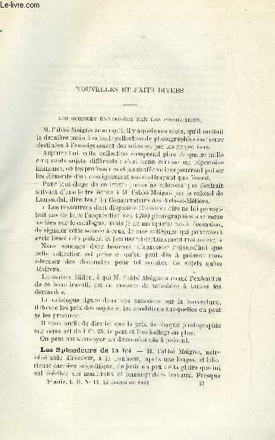 COSMOS - LES MONDES N 13 - Les sciences enseignes par les projections, Les splendeurs de la foi, Saisie des tlphones, Nouvelle exposition d'lectricit a Londres, Congrs des units lectriques, Concours de chant de coqs, Prparation de l'azote pur