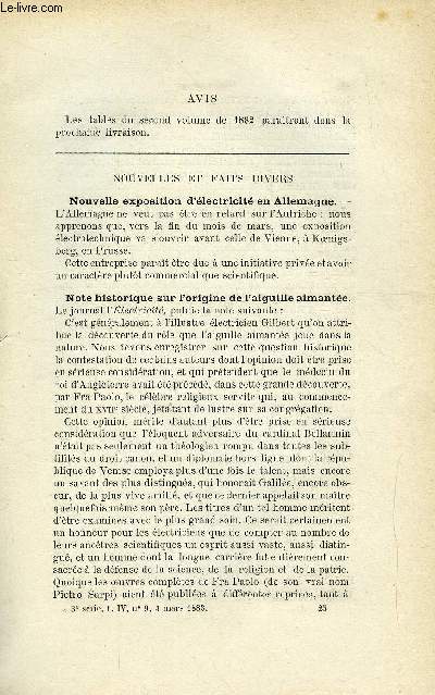 COSMOS - LES MONDES N 9 - Nouvelle exposition d'lectricit en Allemagne, Note historique sur l'origine de l'aiguille aimante, Les enlvements de cadavres, Rgnration des plaques photographiques inutilises, Exposition des insectes