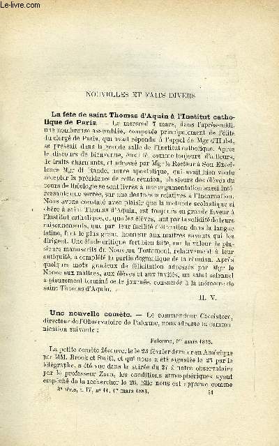 COSMOS - LES MONDES N 11 - La fte de saint Thomas d'Aquin a l'Institut catholique de Paris, Une nouvelle comte, Enseignement populaire illustr, Une substition convenable pour le tlphone, Constatation de la soude dans le lait