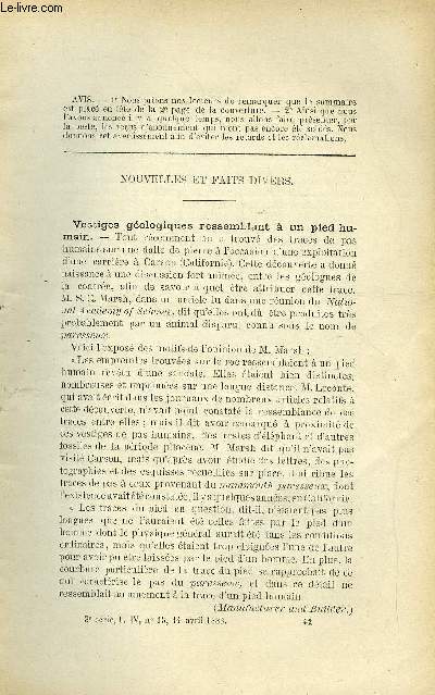 COSMOS - LES MONDES N 15 - Vestiges gologiques ressemblant a un pied humain, Prservation du miel, Homopathie et matire radiante, Calories de combinaison des glycolates, Petit moteur a eau pour horlogerie, Vidangeuse, Les nouveaux programmes