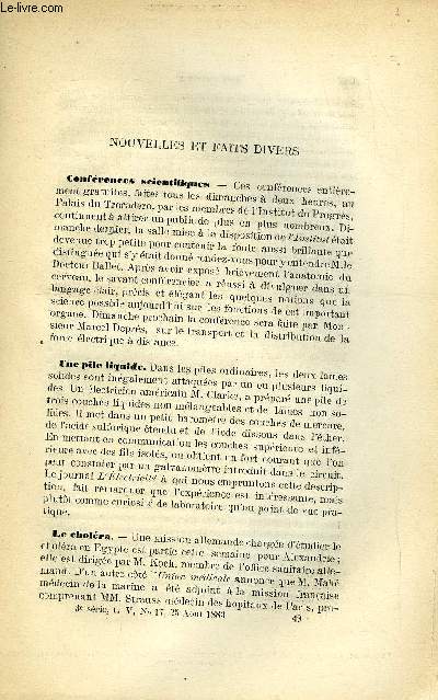 COSMOS - LES MONDES N 17 - Confrences scientifiques, Une pile liquide, Nouvelle poudre de mineur, Un cri d'alarme, Emploi du celluloid comme support du glatino-bromure pour ngatif, Mcanique molculaire