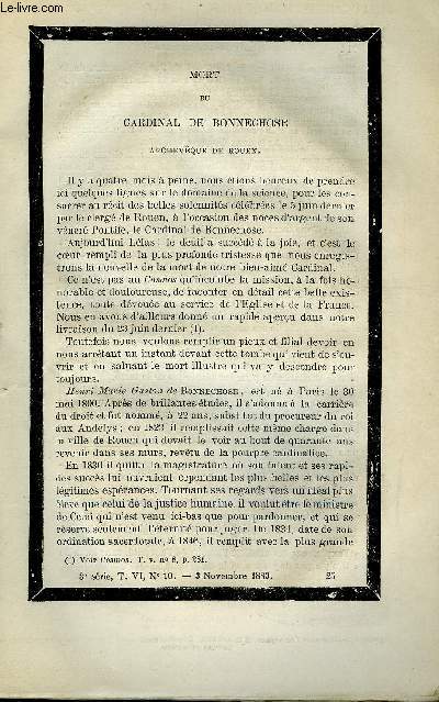 COSMOS - LES MONDES N 10 - Mort du cardinal de Bonnechose - Archeveque de Rouen par H. Valette, Relation nouvelle et singulire du royaume de Tunquin, Nouveau mode d'isolement des fils mtalliques employs dans la tlgraphie et la tlphonie