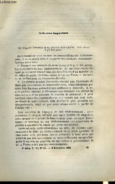 COSMOS - LES MONDES N 15 - Eclairage de l'hotel de Ville de Paris, Eclairage lectrique de Richelieu, La production du bois, Papiers et cartons impermables, Fabrication des poteries poreuses au moyen de la naphtaline, Caf a l'eau distill