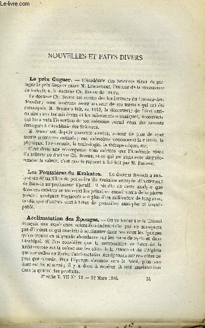 COSMOS - LES MONDES N 12 - Le prix Gegner, Les poussires du Krakatoa, Acclimatation des eponges, Le cholra et les chats, Les caramels sont inoffensifs mais ils sont trs dangereux, Agenda du chimiste pour 1884