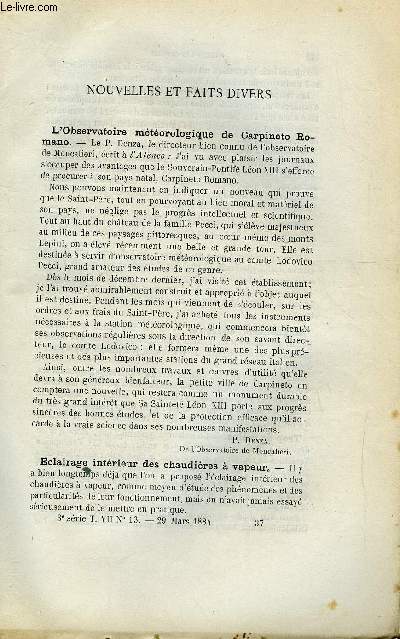 COSMOS - LES MONDES N 13 - L'observatoire mtorologique de Carpineto Romano, Eclairage intrieur des chaudires a vapeur, Exposition universelle de Turin, Magntisme terrestre, Trop de lapins, Monument en l'honneur du R. P. Secchi