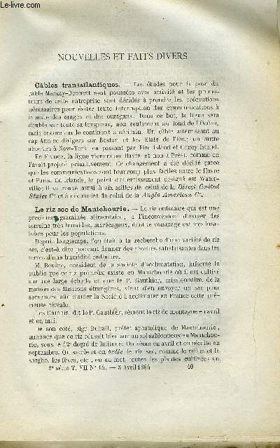 COSMOS - LES MONDES N 14 - Cables transatlantiques, Le riz sec de Mantchourie, Pompes a incendie du port de New-York, Lunette de M. Bernouf, Eclairage au gaz de fumier, Nouveaux symboles lectriques, Formulaire pratique de l'lectricien