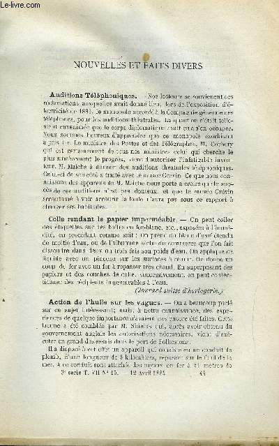 COSMOS - LES MONDES N 15 - Auditions tlphoniques, Colle rendant le papier impermable, Action de l'huile sur les vagues, Chemin de fer mtropolitain de Paris, L'clairage Edison a Paris, Climat de la Bosnie et de l'Herzgovine