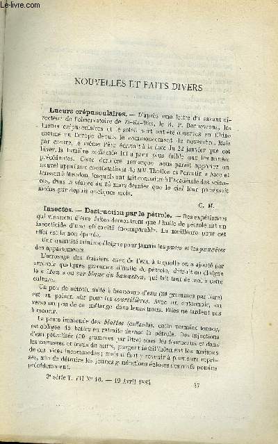 COSMOS - LES MONDES N 16 - Lueurs crpusculaires, Insectes - Destruction par le ptrole, Trpanation des huitres, Admirable invention, Les progrs de la tlphonie, Proprits antiseptiques de l'acide citrique, Les tuyaux de plomb