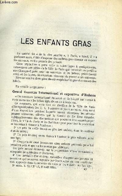 COSMOS - LES MONDES N 15 - Les enfants gras, La carte gologique de France, Physiologie du role biologique du fer dans l'organisation animale, Emploi des succdans des chiffons dans la fabrication du papier