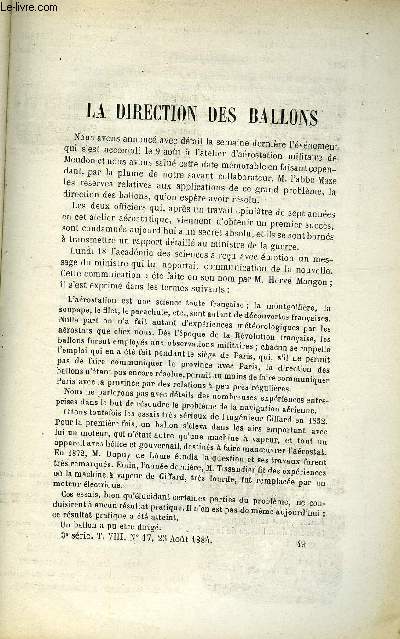 COSMOS - LES MONDES N 17 - La direction des ballons, Astronomie - L'origine et la nature des taches solaires, Arts conomiques - Industrie des huiles de naphte de caucase