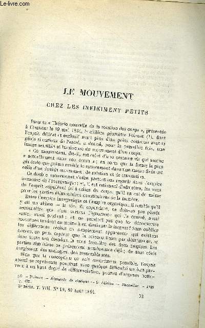 COSMOS - LES MONDES N 18 - Le mouvement chez les infiniment petits, Physiologie du role biologique du fer dans l'organisation animale, Navigation arienne - l'arostat dirigeable, Sur la foudre globulaire